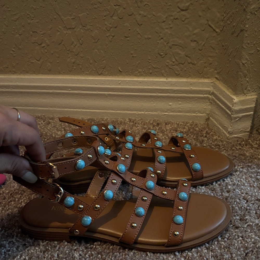 Nine West Brown Sandals with Turquoise Studs